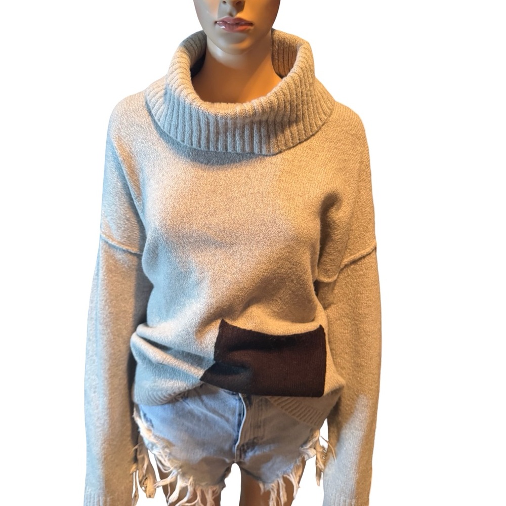 Design Lab Lord & Taylor Cream Cowl Neck Sweater with Brown Patch Pocket
